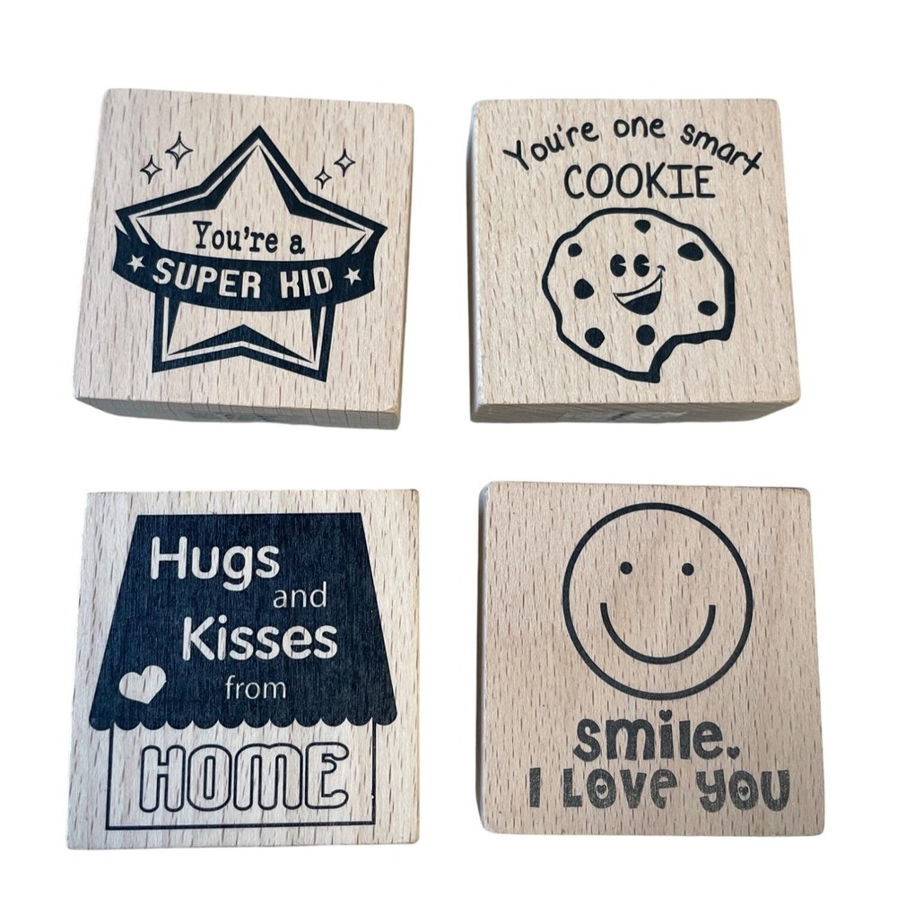 Set‎ Of 4 Wooden Rubber Stamps Inspirational Fun Reward School